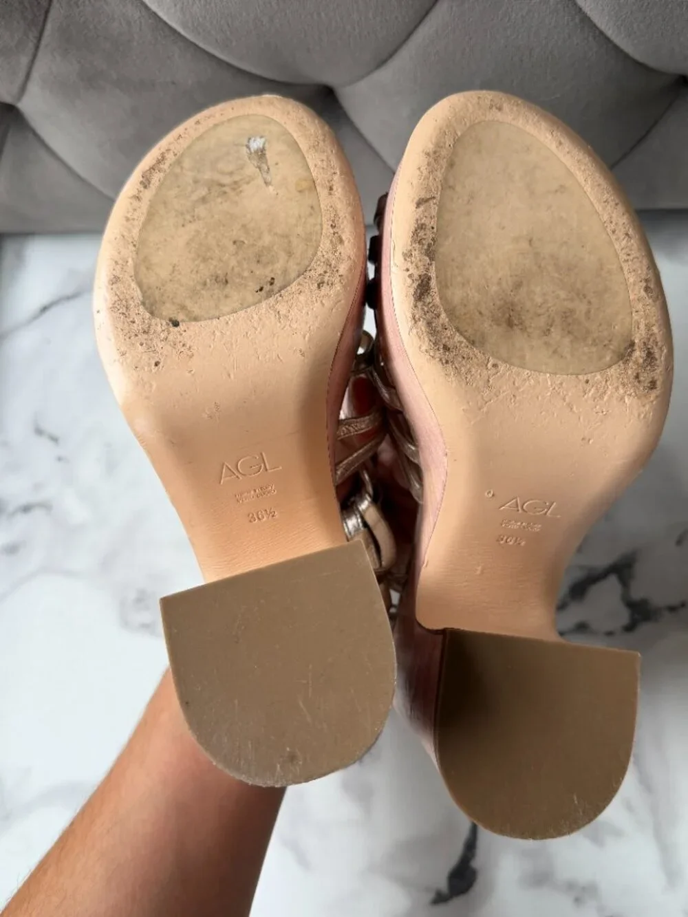 AGL Gold Leather Platform T-Strap Sandals Size EU 36.5